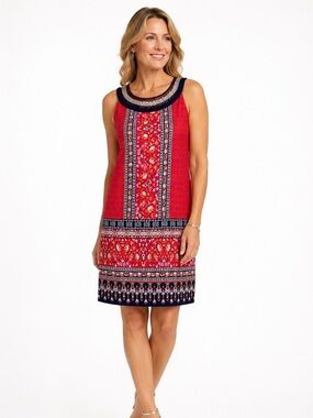 Laura Petite Beaded Neck Shift Dress 8P Paisley Resort Cruise Travel Summer Wear